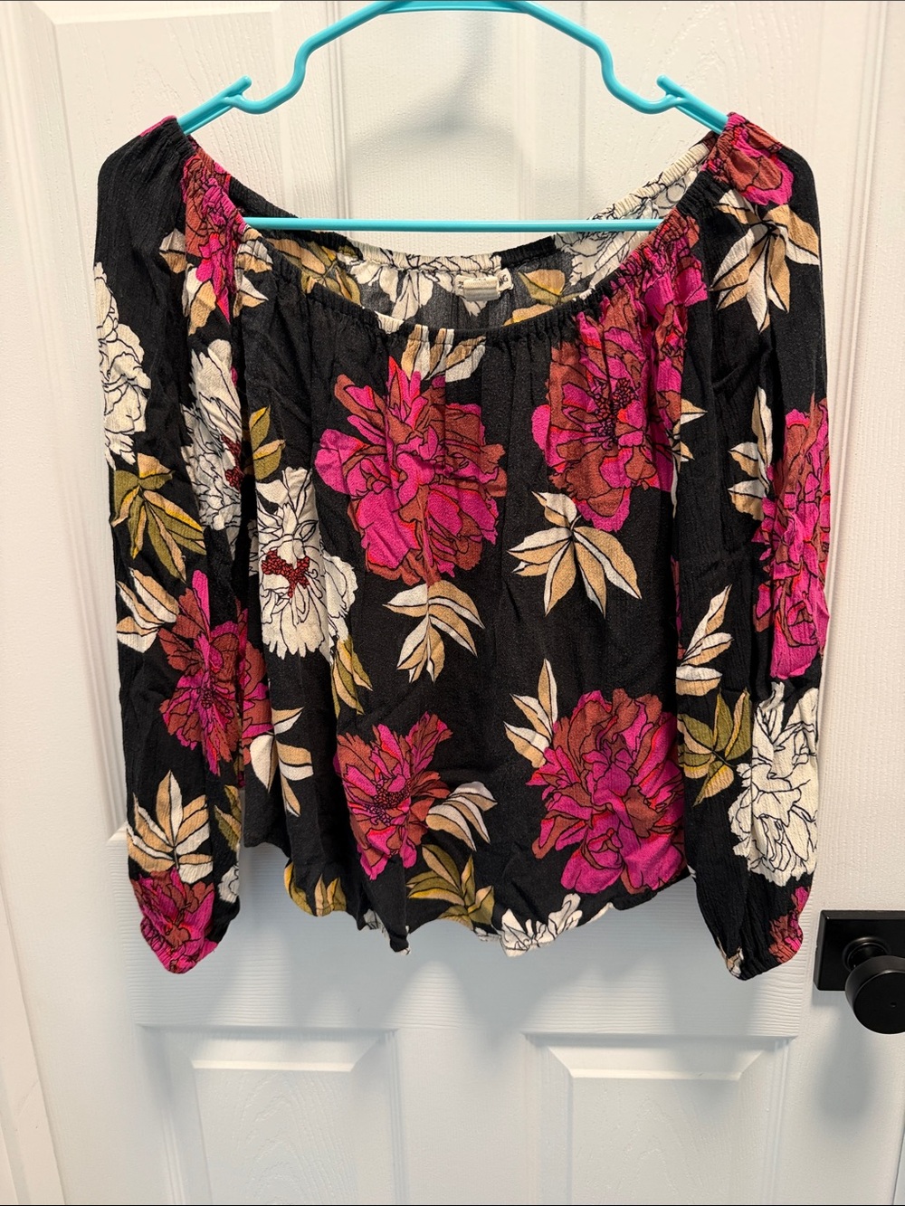 Women's Black Floral Off-Shoulder Top with Pink Blooms